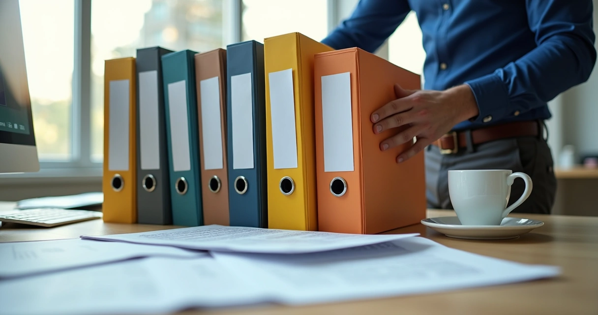 Pessoa organizando pastas de documentos fiscais em um escritório 