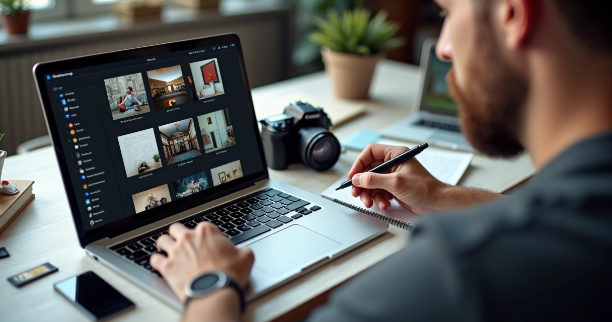 Fotógrafo organizando arquivos e contratos digitais em notebook 