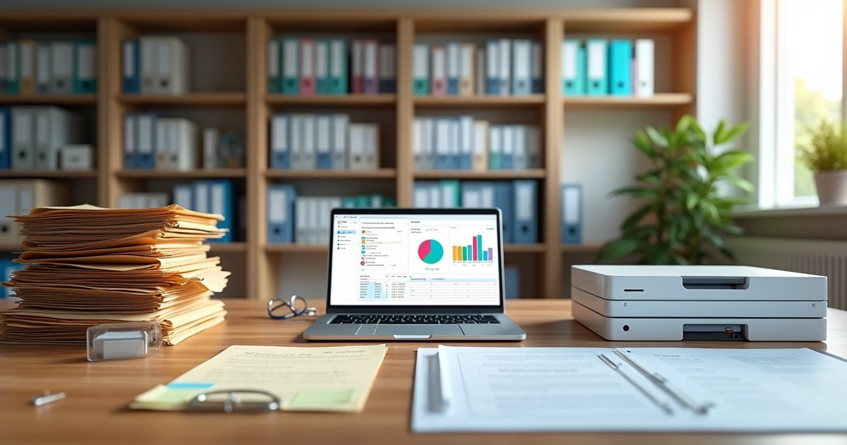 Mesa dividida entre fichas odontológicas em papel e prontuários digitais em notebook 