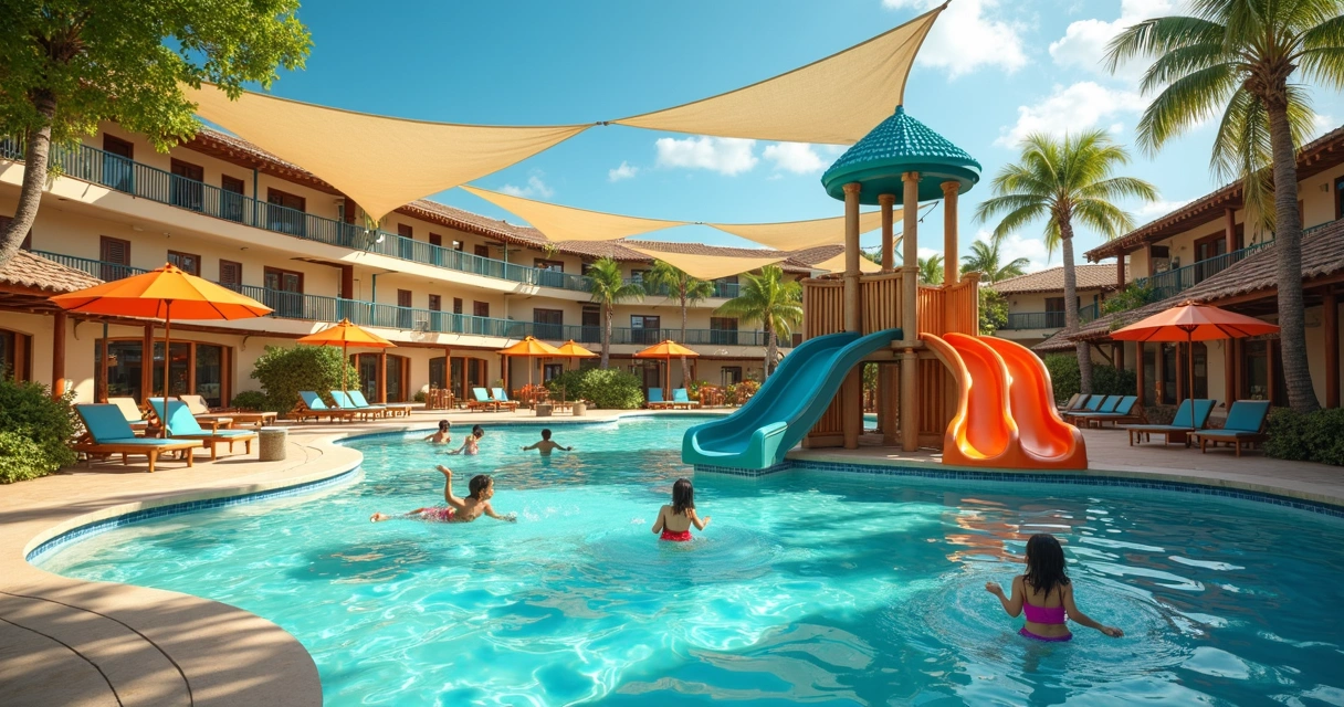 Piscina central com brinquedos aquáticos coloridos em resort 