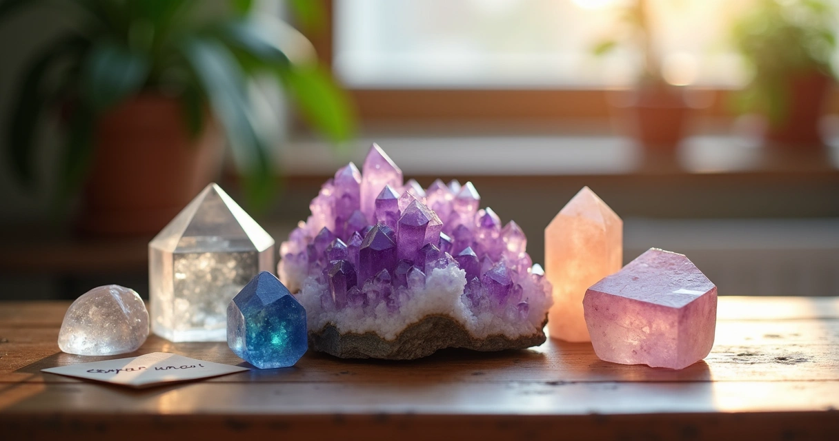 Arranjo de cristais em uma mesa de madeira com ametista, quartzo rosa e lápis-lazuli em um ambiente sereno.