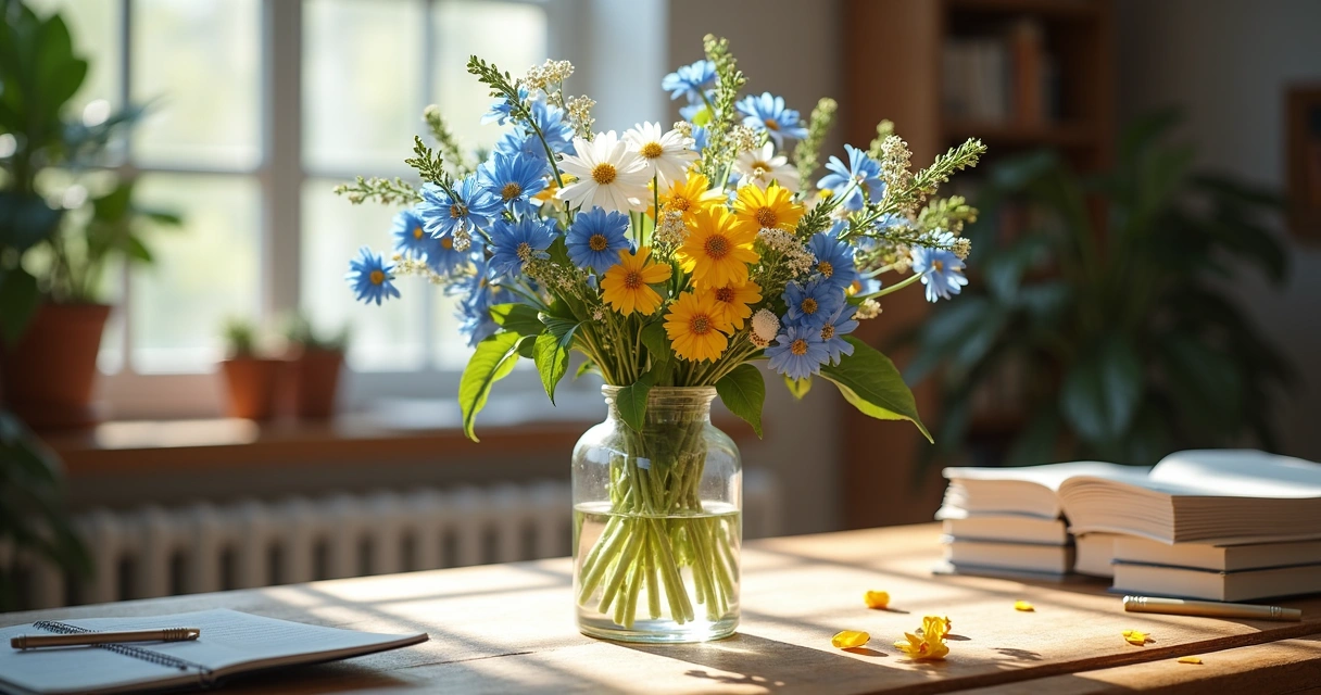 Arranjo de flores coloridas sobre mesa de estudo 