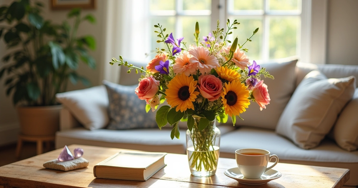 Mesa com arranjo de flores variadas sob luz suave e fundo de casa iluminada 
