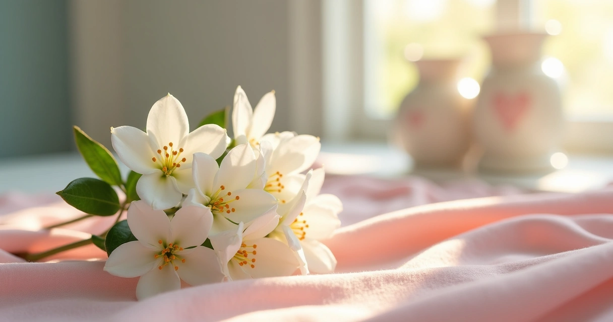 Jasmim branco em arranjo delicado sobre toalha clara 