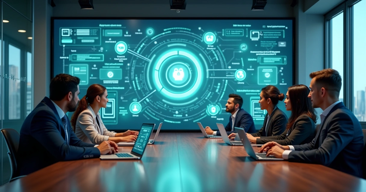 Executivos analisando painel digital com fluxos de pagamentos e ícones de meios de pagamento 