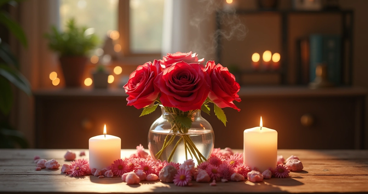Rosas vermelhas e cravos rosados em vaso de vidro 