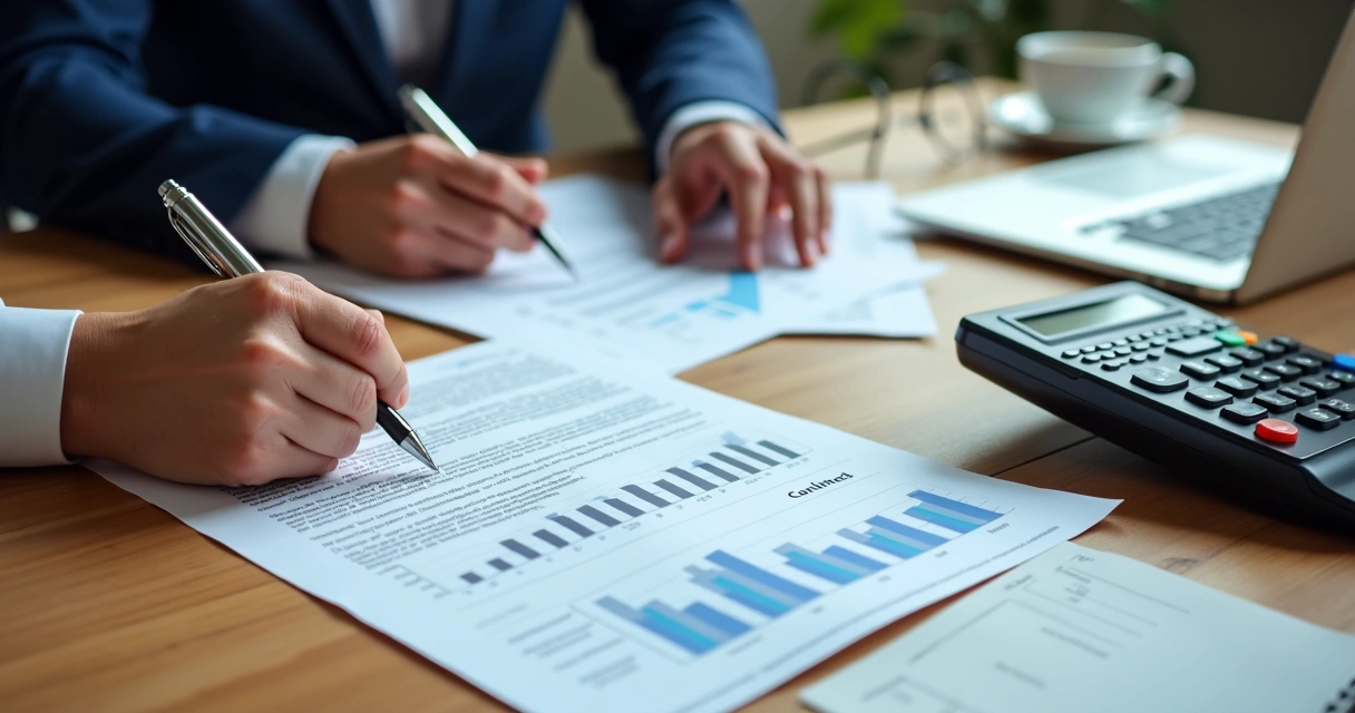 Documentos e calculadora sobre mesa de madeira com pessoas analisando contratos, uma representando pessoa física e outra pessoa jurídica 