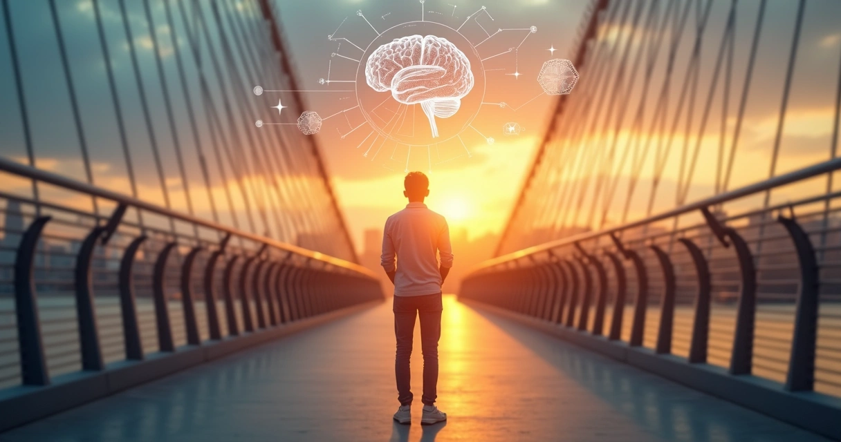 Pessoa em uma ponte olhando para bifurcação iluminada que representa escolhas passadas e futuras 