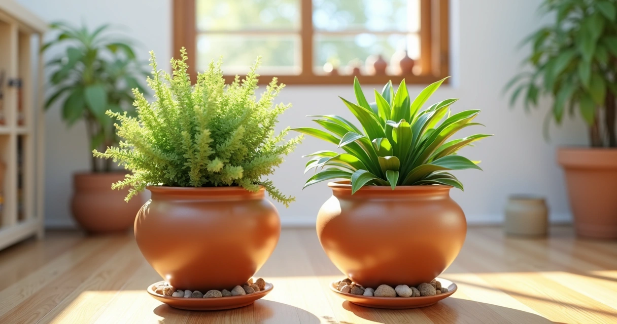 Arruda e guiné plantadas em vasos de barro lado a lado em varanda ensolarada 