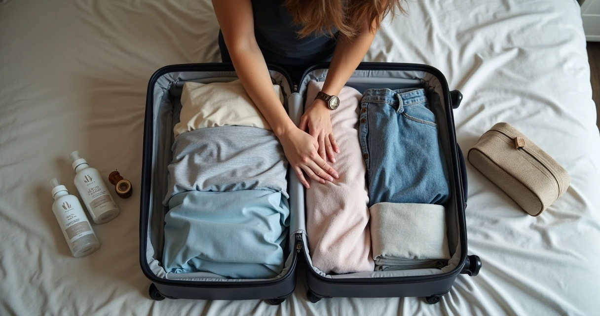 Pessoa dobrando roupas e colocando dentro de uma mala de mão aberta