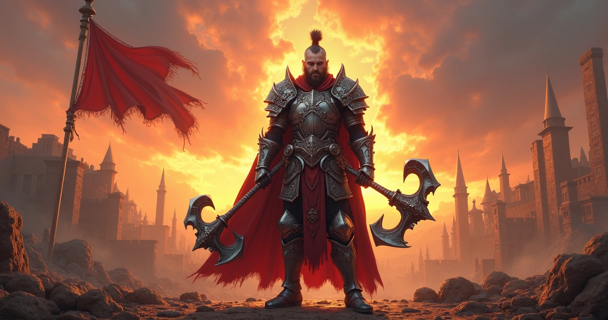 Personagem de Tibia equipado com armadura completa e arsenal de armas brilhantes em cenário de batalha detalhado 