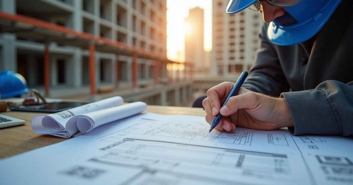 Engenheiro preenche ART em obra de condomínio, capacete azul e papelada 