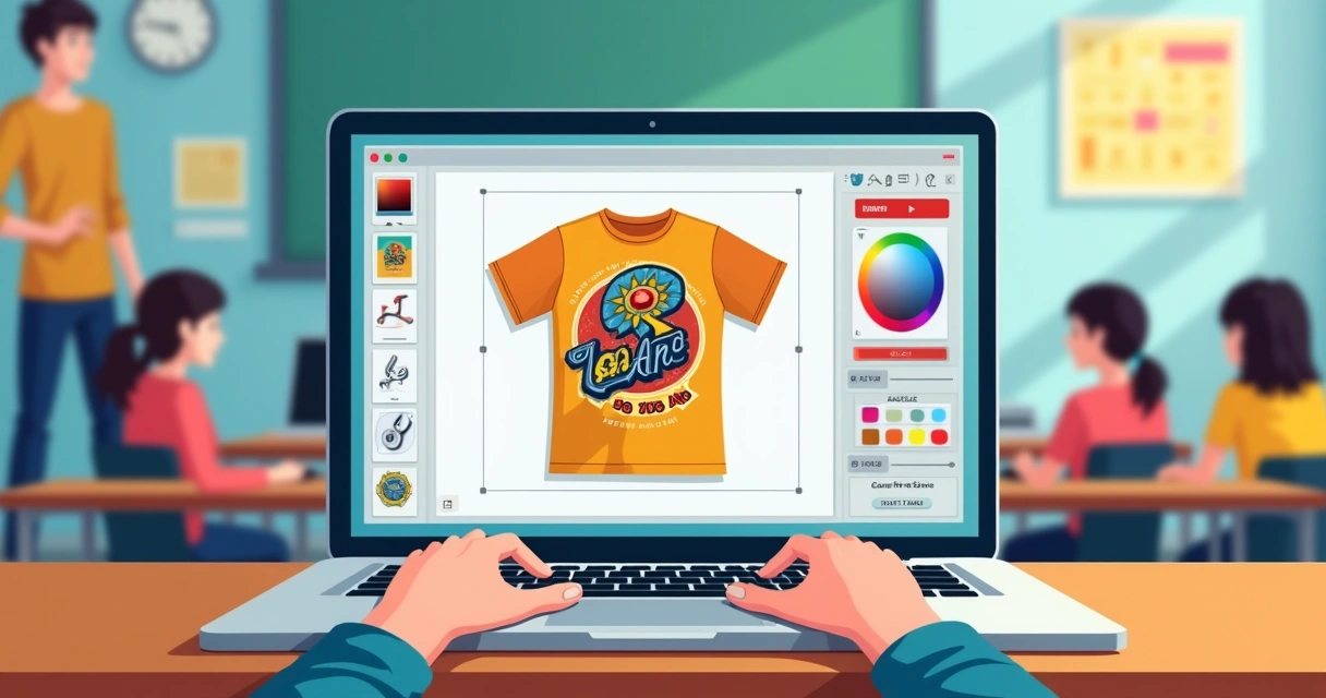 Arte digital colorida de camiseta escolar personalizada sendo criada na tela de um computador 
