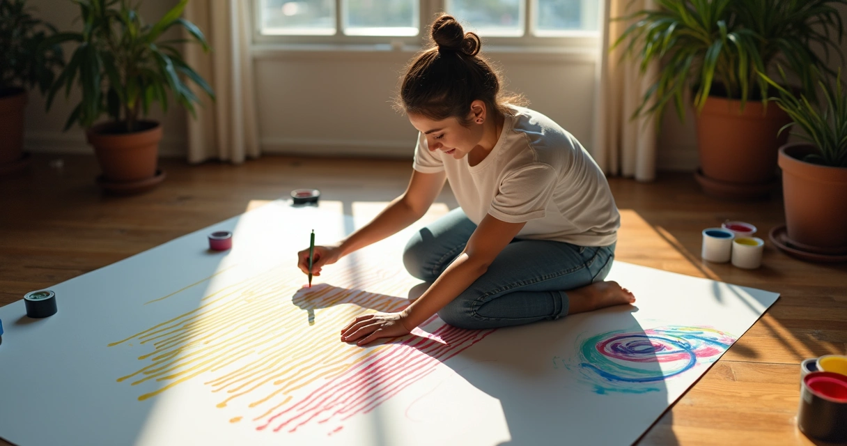 Mulher desenhando livremente sobre grande folha branca no chão 