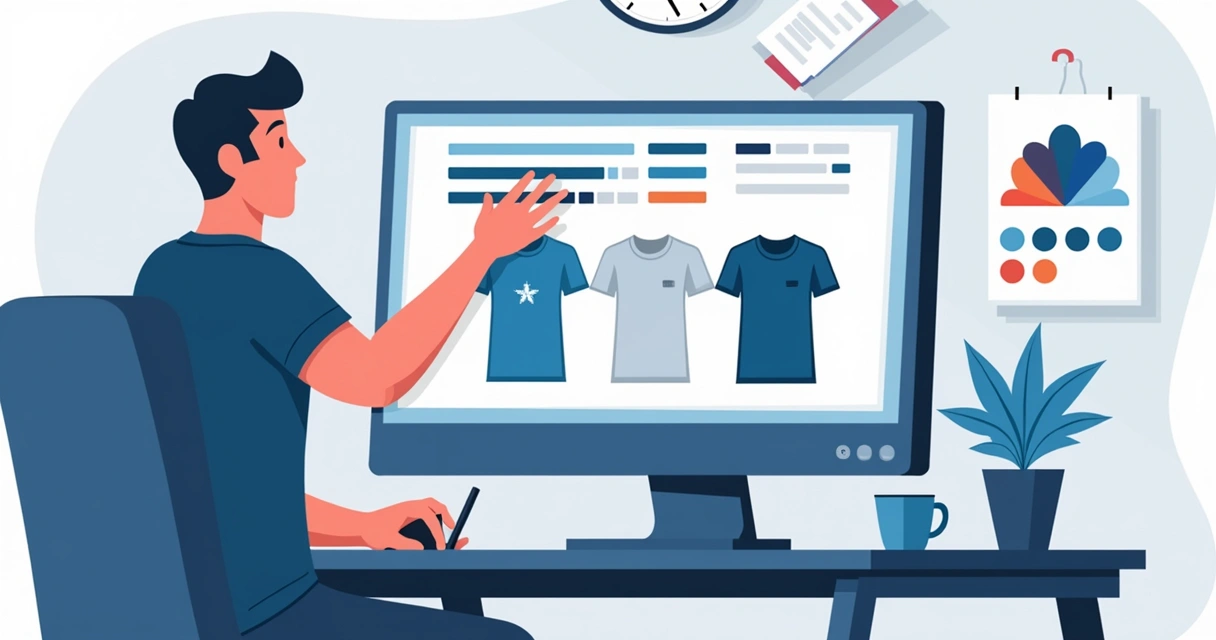 Logo corporativo sendo aplicado digitalmente em várias camisetas organizadas 