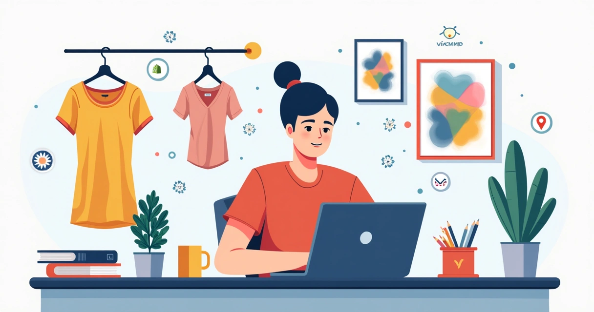 Ilustração de pessoa criando arte digital em computador com produtos personalizados ao redor 