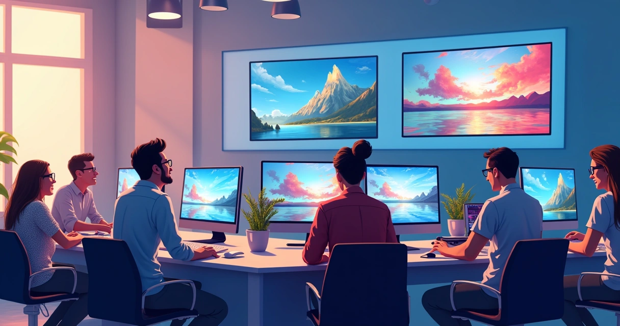 Blog ilustrado por IA com pessoas interagindo com imagens digitais 