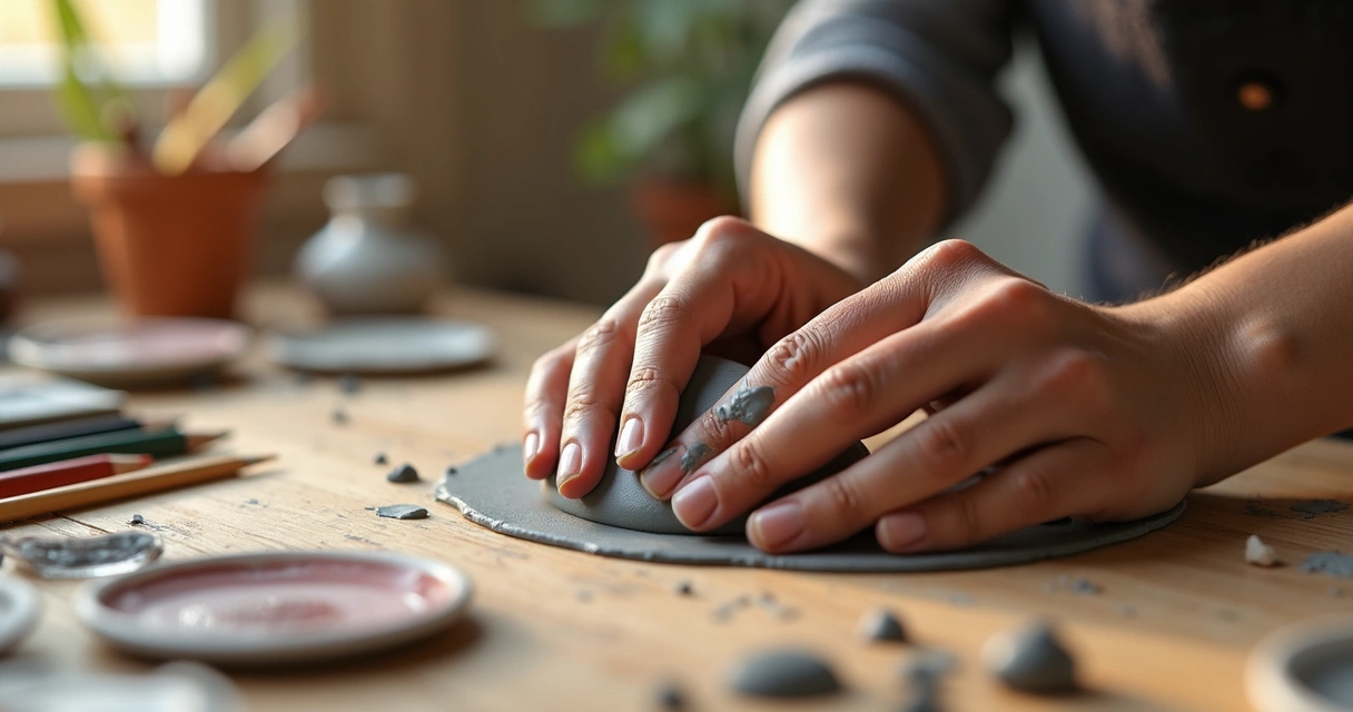 Manos adultas moldeando arcilla en mesa de madera 