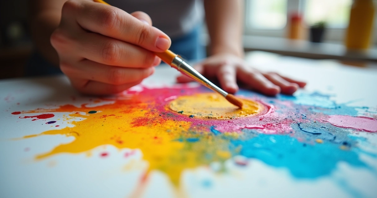 Mãos pintando com tintas coloridas sobre tela branca 