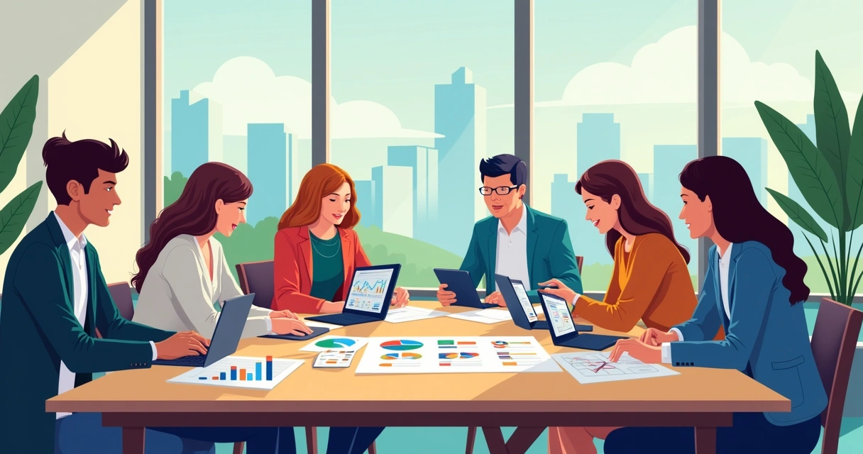 Reunião de equipe de marketing digital com papéis e tablets sobre a mesa 