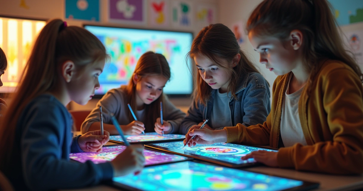 Alunos criando arte digital em tablets 