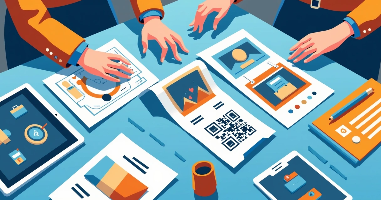 Artes para Instagram e banners impressos com QR Code em mesa de trabalho 