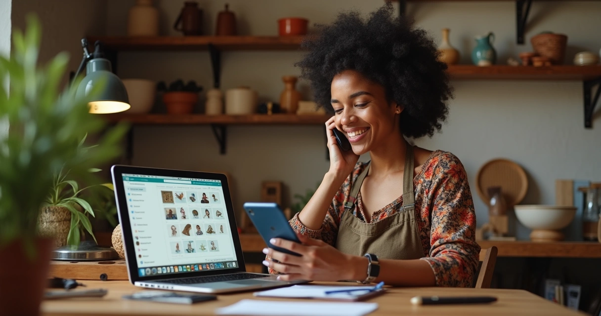 Artesã respondendo pedido pelo WhatsApp após venda por catálogo digital 