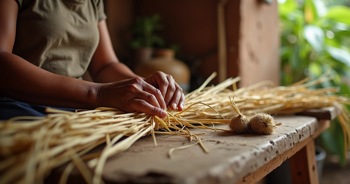 Artesã tecendo fibra natural com as mãos