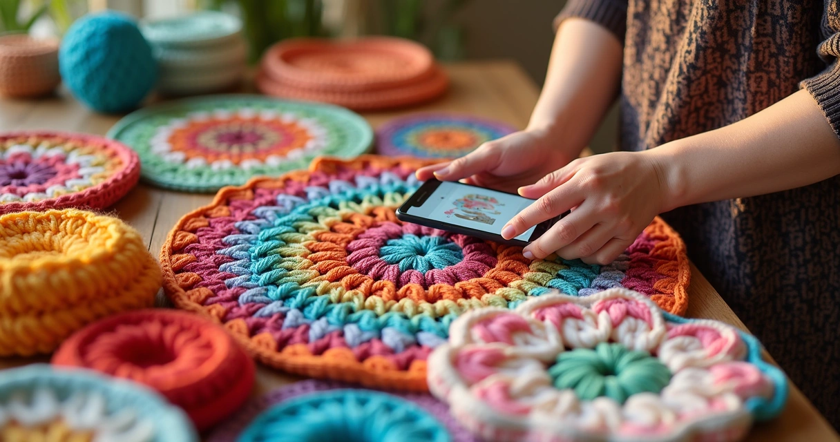 Peças de crochê coloridas exibidas para venda online