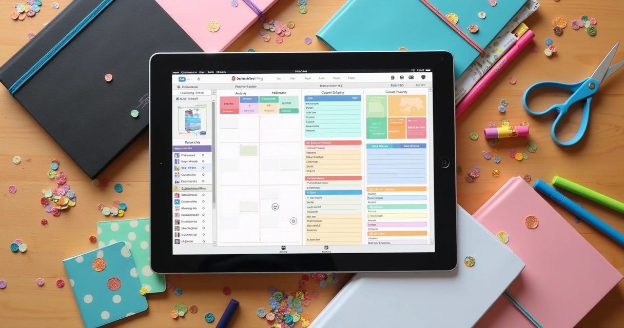 Planner digital personalizado com capas coloridas em tablet e cadernos 