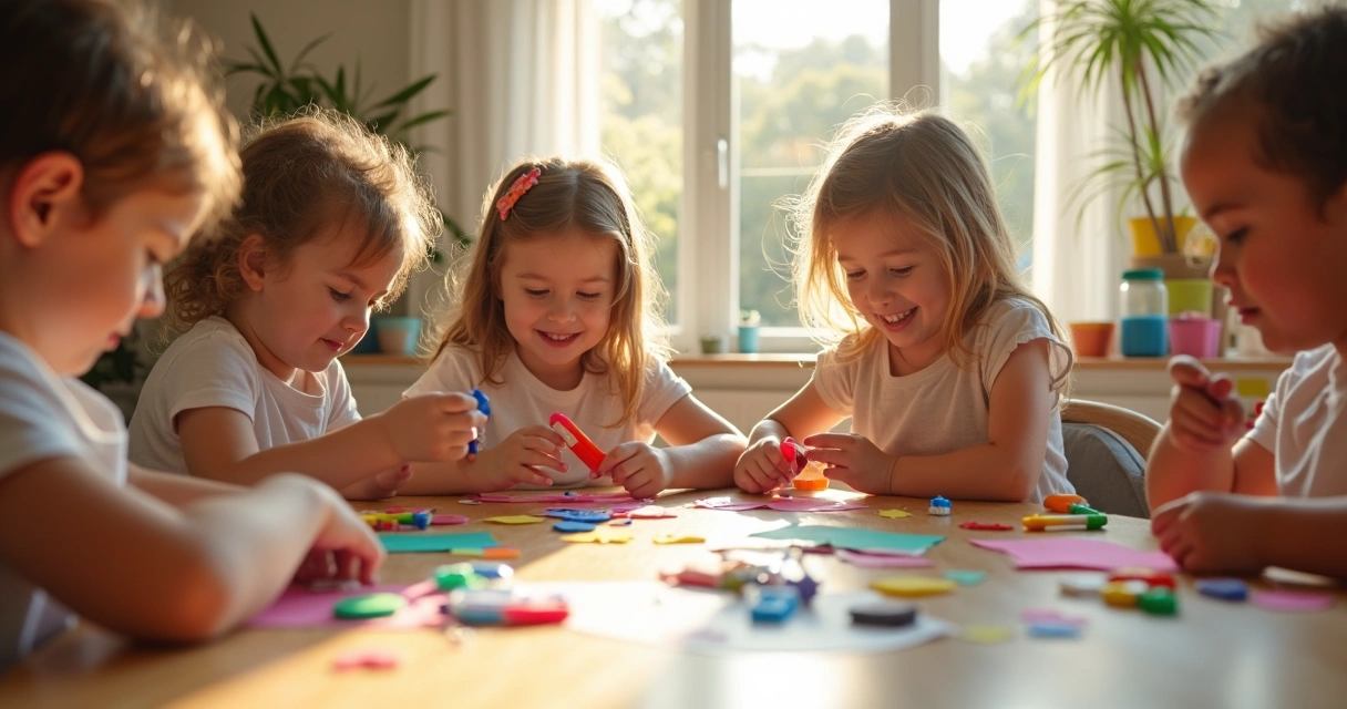 Crianças fazendo artesanato com papel colorido na mesa 