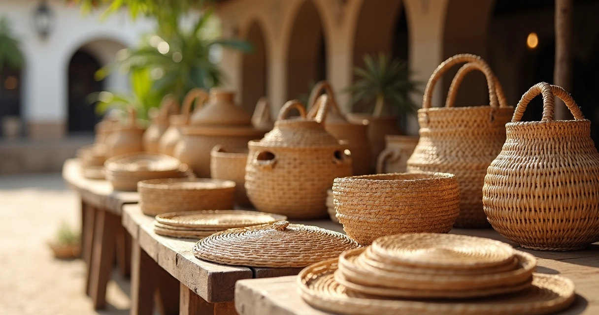 Cestos e bolsas de fibras naturais expostos em feira artesanal