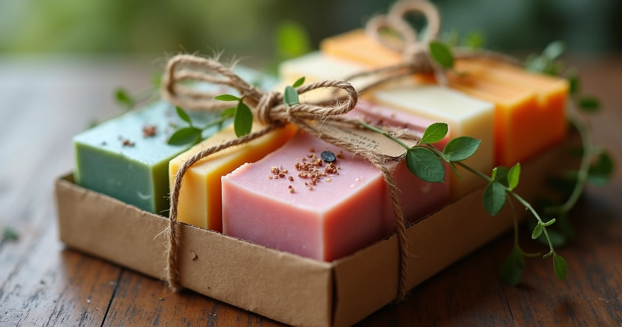 Sabonetes artesanais coloridos em embalagem rústica 