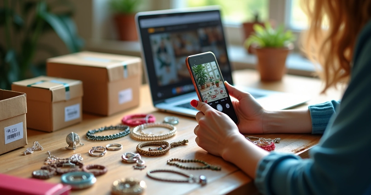 Artesã fotografando produtos artesanais para venda online