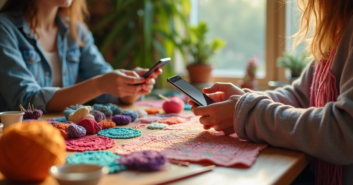 Mesa com peças de artesanato, tecidos e fios coloridos, mãos femininas trabalhando