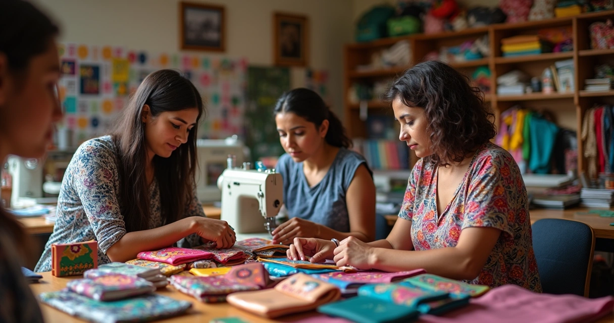 Artesãs brasileiras confeccionando bolsas e carteiras em ateliê comunitário 