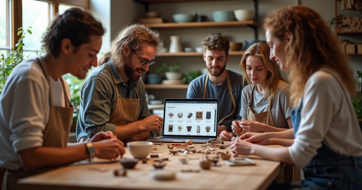 Artesãos reunidos organizando catálogo digital de produtos 