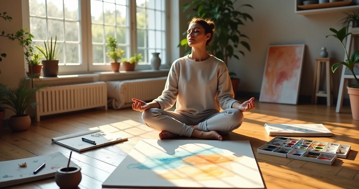 Pessoa meditando em sala com materiais de arte espalhados ao redor 