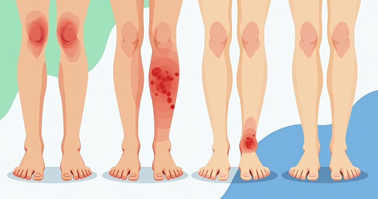 Ilustração de pernas humanas, algumas mostradas sentadas e outras em pé, algumas aparentando inchaço e desconforto nas regiões das panturrilhas e tornozelos, fundo claro com detalhes em azul e verde em estilo flat 