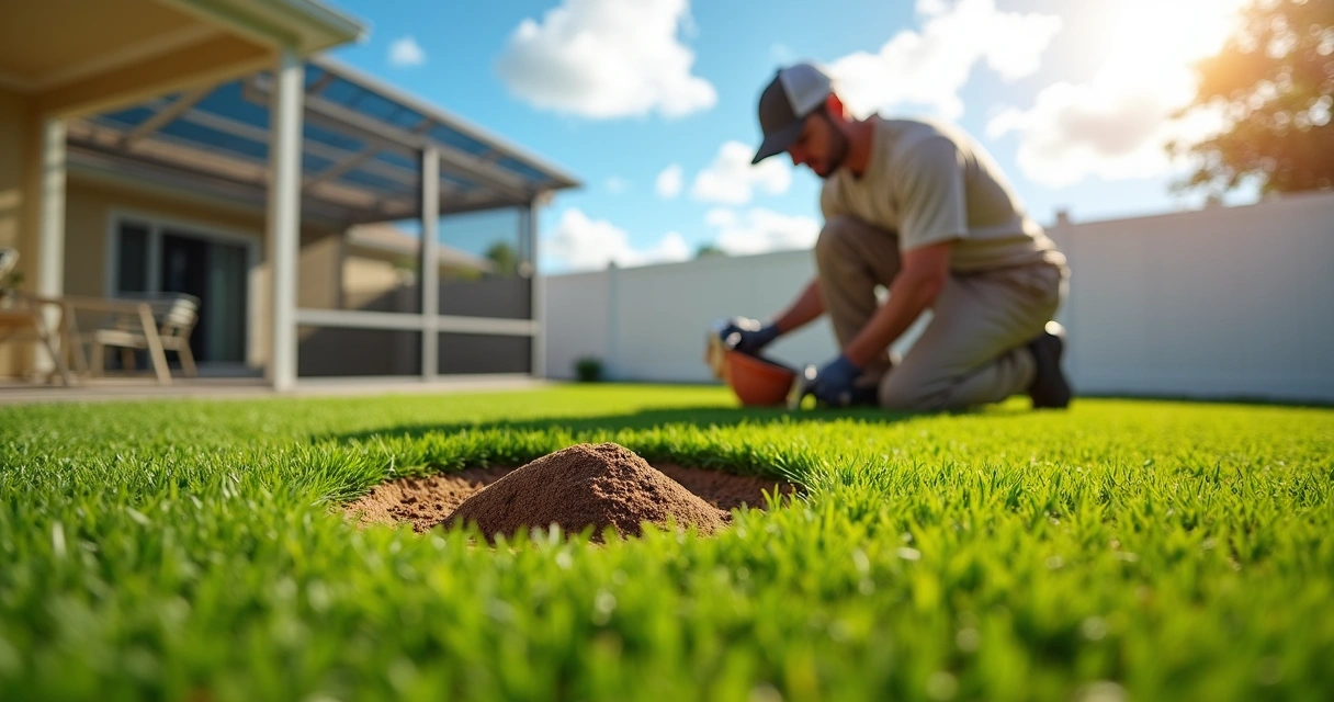 Technician treating ant hills on artificial grass in a Florida backyard 