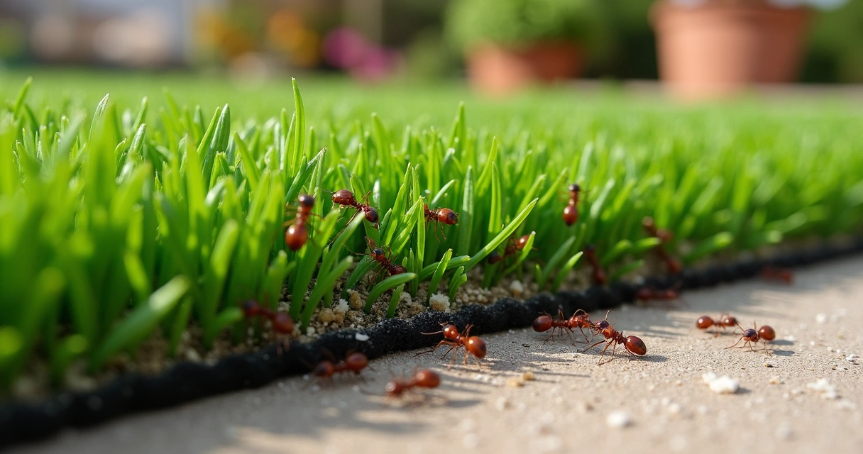 Ants crawling on artificial grass in daylight 