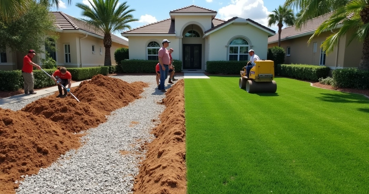 Artificial turf base layer construction during Florida yard install 