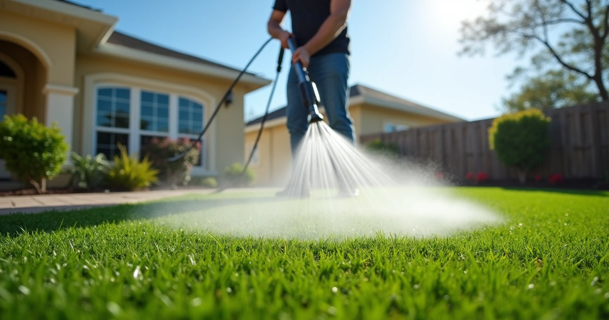 Worker pressure washing artificial turf with hose and soft nozzle in Orlando backyard 