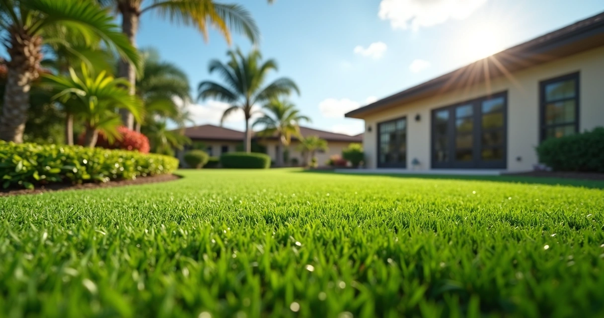 Artificial turf backyard with visible drainage system under bright Florida sky 