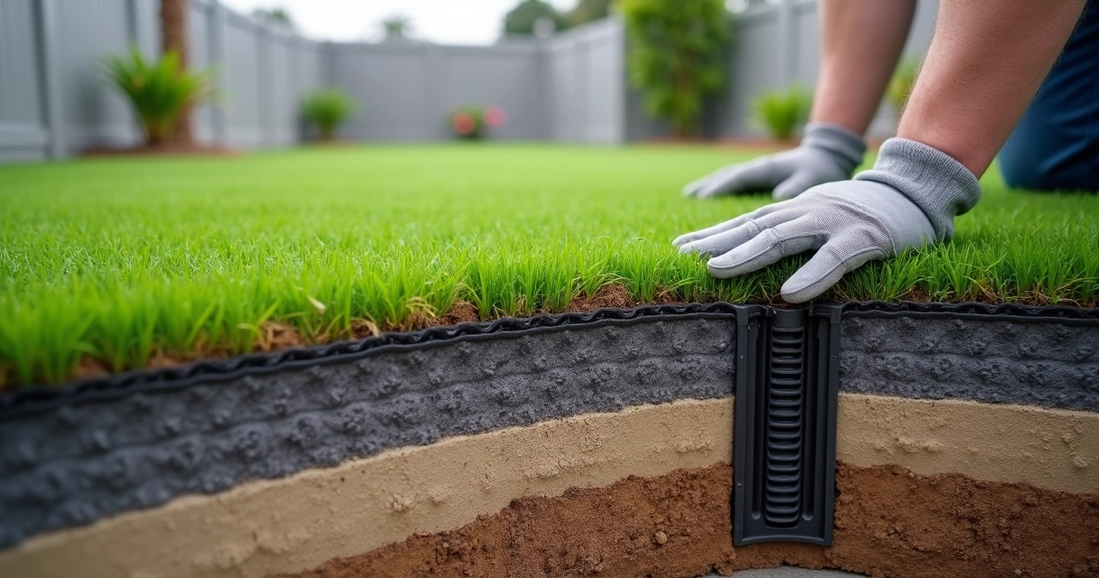 Cross-section of artificial turf lawn showing drainage mat system 