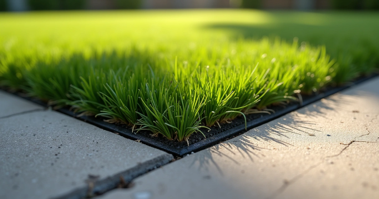 Close-up of artificial turf with expansion joint next to a concrete border
