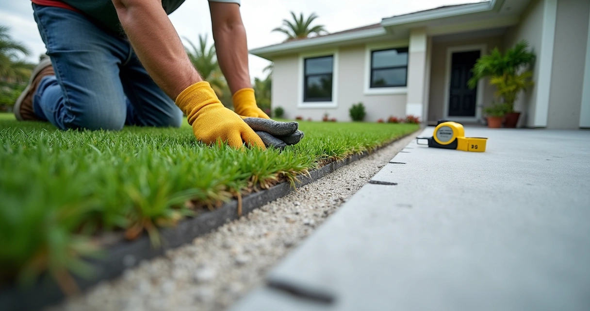 Contractor installing expansion joints between concrete and artificial turf 