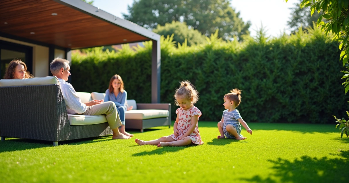 Family playing on artificial turf backyard