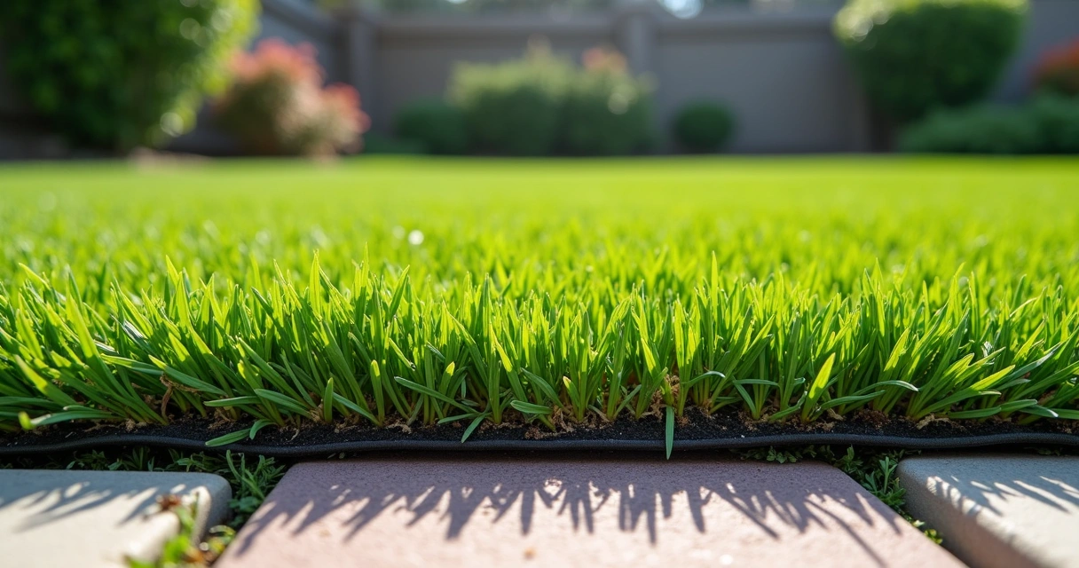Close-up of freshly installed artificial turf showing green fibers, compacted base, and edging in backyard 