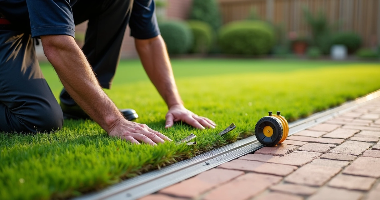 Professional installing edge restraints on artificial turf 